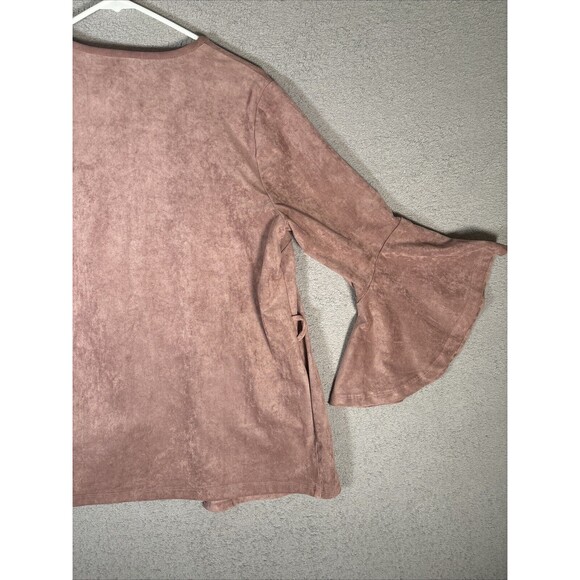 Kut From The‎ Kloth Open Pullover Size L 3/4 Flutter Bell Sleeve Pink Faux Suede - Picture 9 of 11